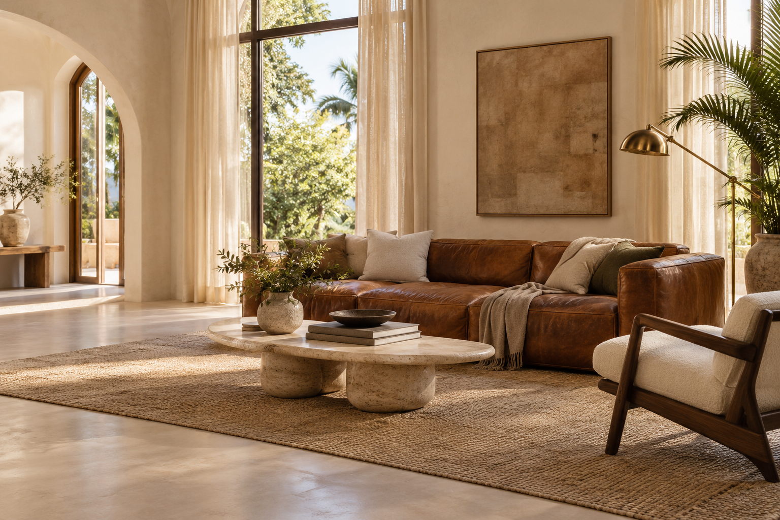 Warm living room with a leather sofa, walnut chair and travertine coffee table