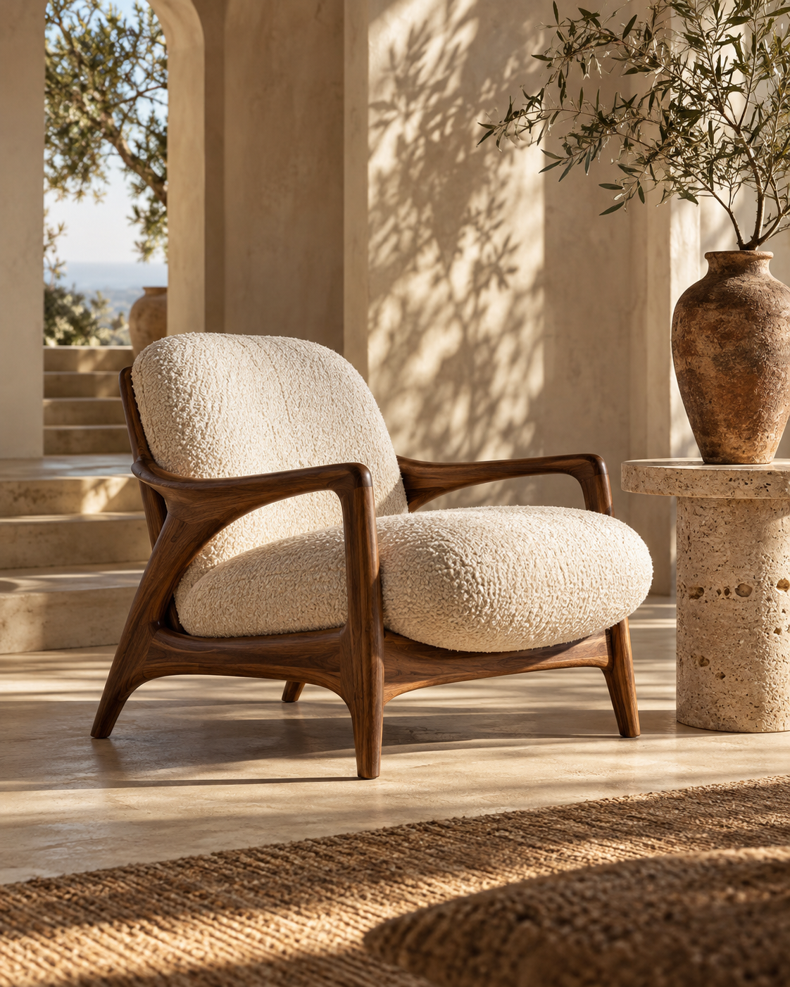Walnut lounge chair with textured cream upholstery beside a stone table